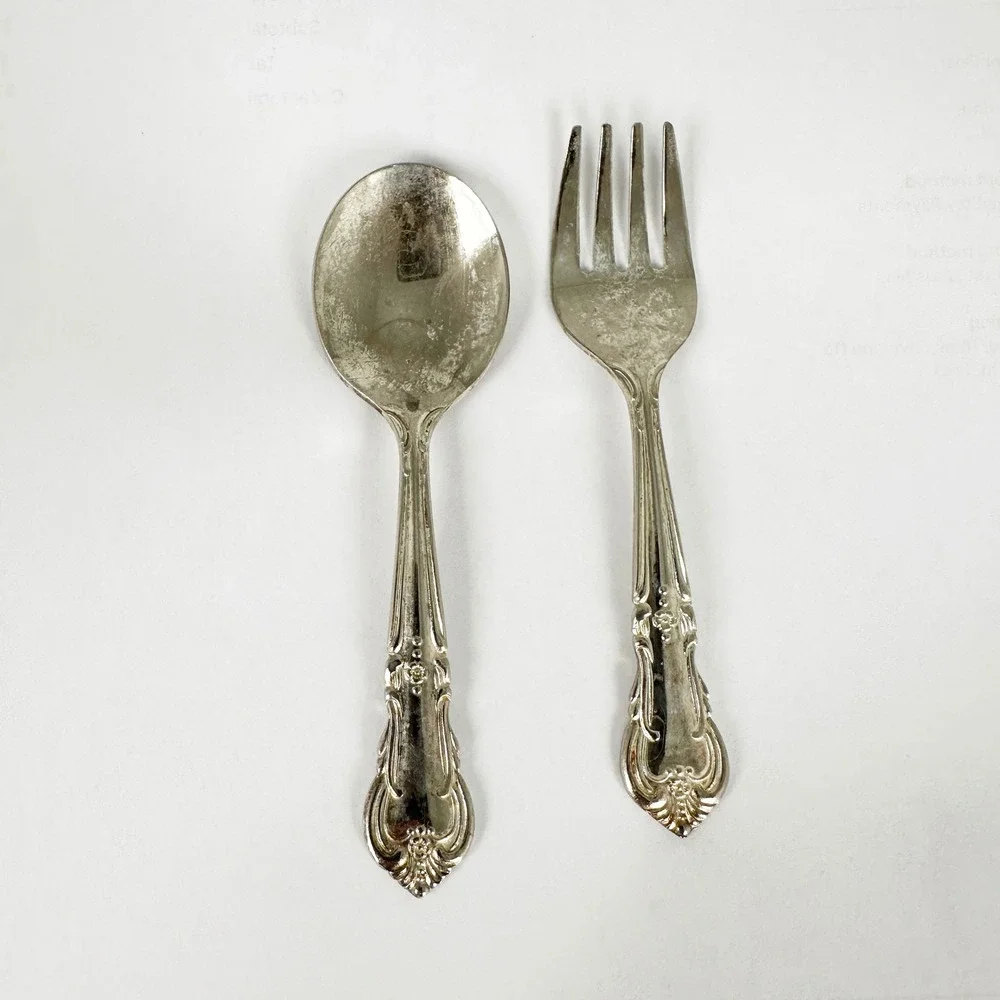 Vintage 4.25 Child Fork Spoon Set Floral Baroque Handle‎ Stainless Japan